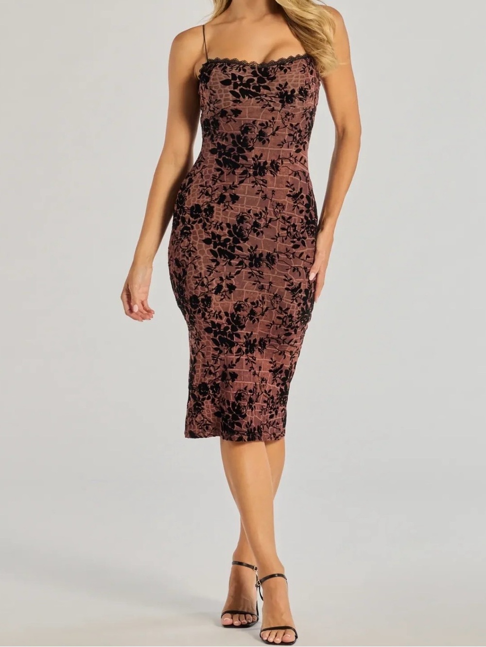 Windsor Mauve Bodycon Midi Dress with Black Floral Burnout sexy night out wear